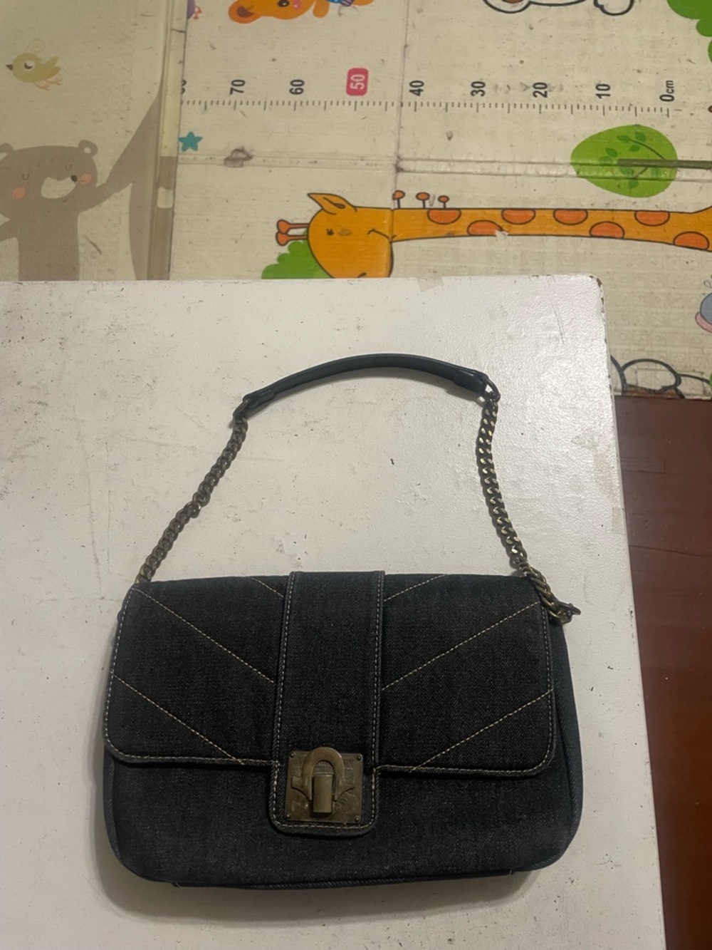 True Religion Black Quilted Denim Shoulder Bag with Chain Handle